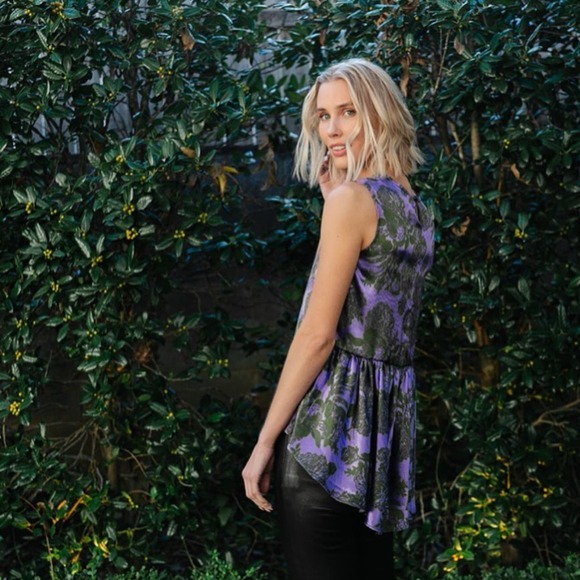 Noble 31 Merrick Silk Purple Floral Brocade Gathered Back Tunic Top S - Picture 2 of 9